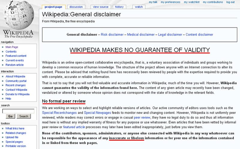 Wikipedia Disclaimer of Validity